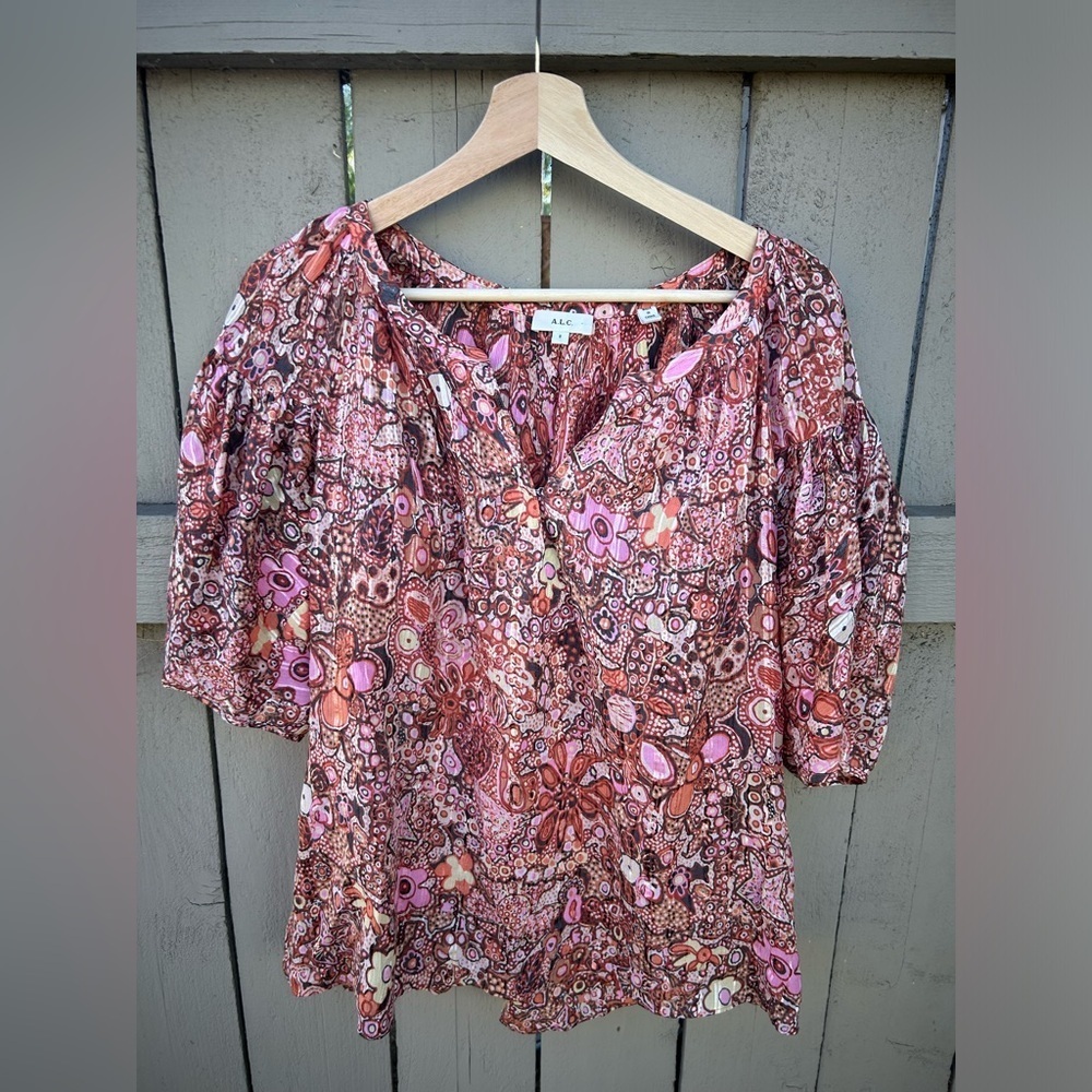 A.L.C. Floral Blouse in Pink and Brown